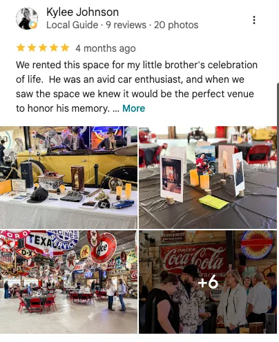 Kylee Johnson on Google: 5 out of 5 stars. " We rented this space for my little brother's celebration of life. He was an avid car enthusiast, and when we saw the space we knew it would be the perfect venue to honor his memory."