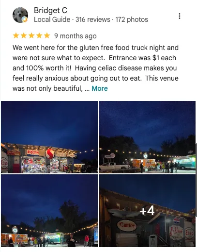 Bridget C on Google: 5 out of 5 stars. " we went here for the gluten-free food truck night and we're not sure what to expect Entrance was a dollar each and a hundred percent worth it Having celiac disease makes you feel really anxious about going out to eat. This venue was not only beautiful,..."