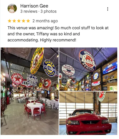 Harrison Gee on Google: 5 out of 5 stars. " this venue was amazing! So much cool stuff to look at and the owner Tiffany was so kind and accommodating highly recommended!"