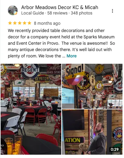 Arbor Meadows Decor KC & Micah on Google: 5 out of 5 stars. " We recently provided table decorations and other decor for a company event held at the Sparks Museum and Event Center in Provo The venue is awesome!! So many antique decorations there. It's well laid out with plenty of room. We love the...."