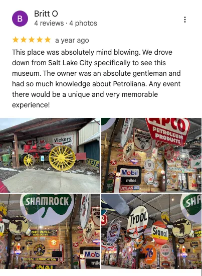 Britt O on Google: 5 out of 5 stars. " This place was absolutely mind blowing. We drove down from Salt Lake City specifically to see this museum. The owner was an absolute gentleman and had so much knowledge about Petrolina. Any event there would be a unique and very memorable experience!"