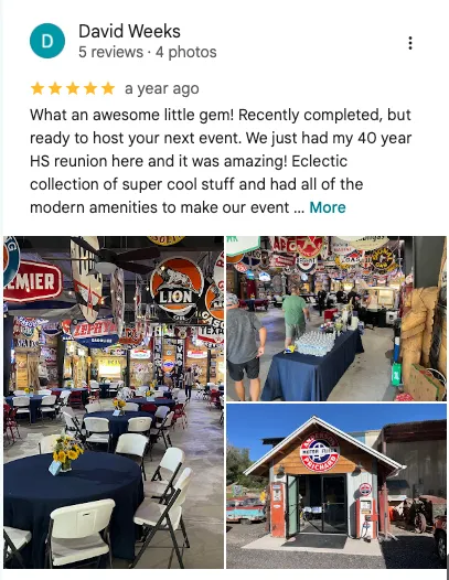 David Weeks on Google: 5 out of 5 stars. " What an awesome little gem! recently completed but ready to host our next event. We just had my 40 year HS reunion here and it was amazing. A collected collection of super cool stuff and had all of the modern amenities to make our event..."