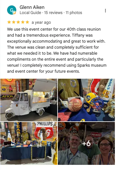 Glenn Aiken on Google: 5 out of 5 stars. " we use this event center for our 40th class reunion and had a tremendous experience Tiffany was exceptionally accommodating and great to work with the venue was clean and completely sufficient for what we needed it to be We have had Numerable compliments on the entire event and particularly the venue! I Completely recommend using Sparks Museum and event center for your future events"